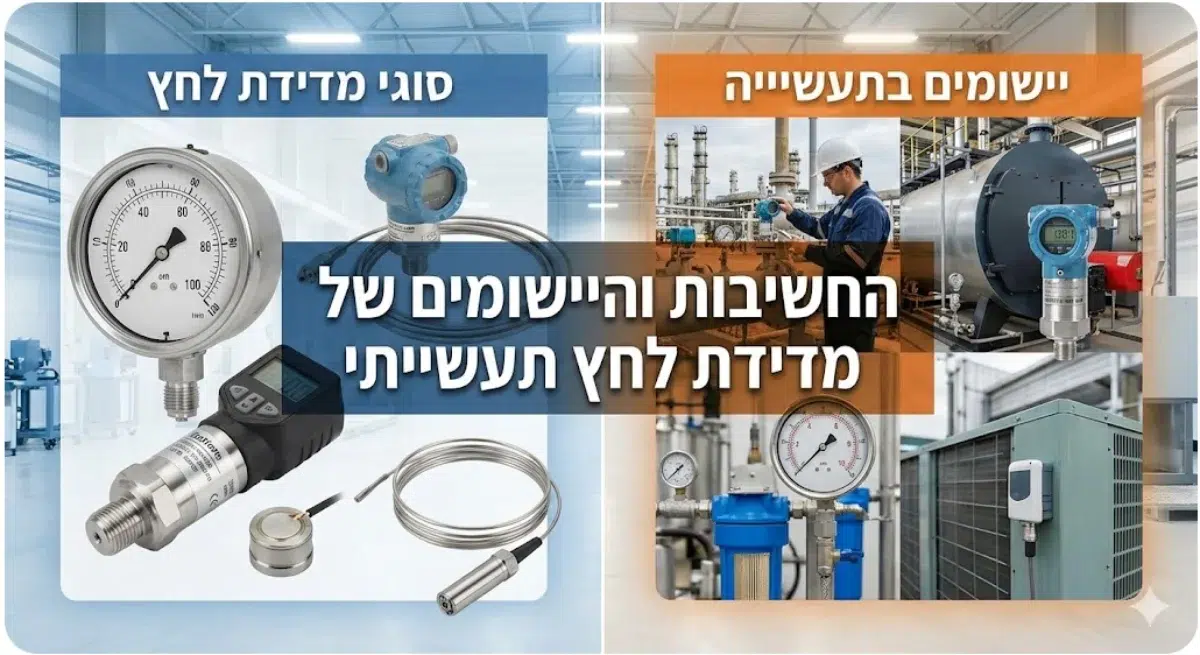 אינפוגרפיקה מקצועית המציגה סוגי מכשירים למדידת לחץ תעשייתי (שעון לחץ, מתמר לחץ, חיישן טבול) מול יישומים מעשיים בתעשייה כמו ניטור צנרת, דודים ומערכות HVAC.
